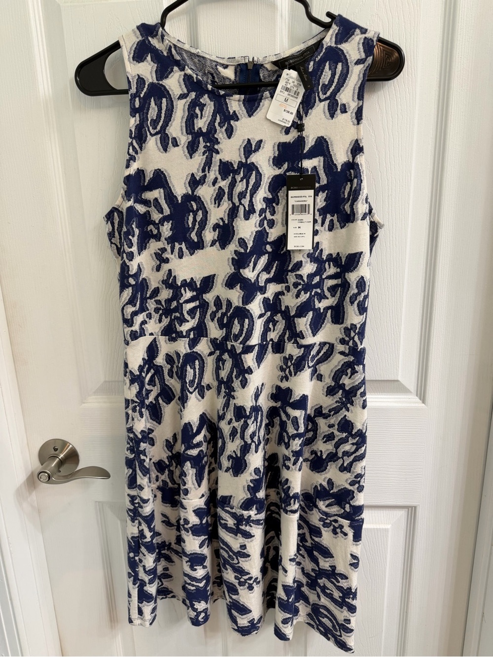 Sleeveless White & Navy Floral Jacquard Dress - BCBGMaxAzria